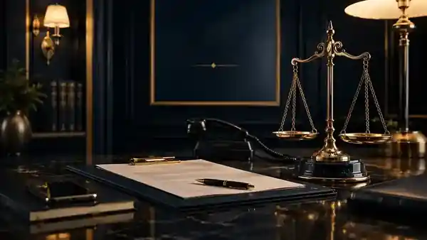Oficina jurídica premium con balanza dorada y símbolos de justicia, sin personas